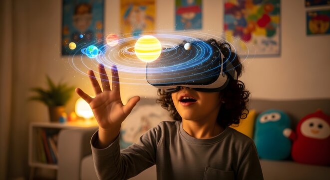 Young Child Exploring the Universe in Virtual Reality, Discovering Planets and Stars Through Immersive Technology