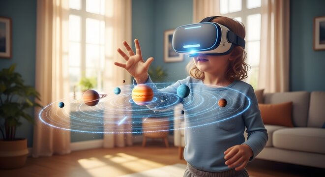 Curious Child Explores Solar System in Virtual Reality Headset at Home, Learning and Discovering with Futuristic Technology
