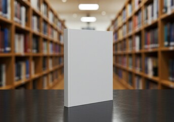 Blank book cover mockup on table with blurred library background for editorial or commercial use