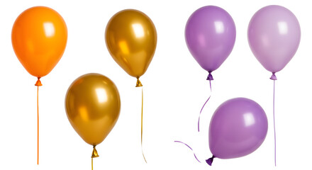 Colorful assortment of orange, gold, and purple balloons tied with ribbons, set against a plain background, ideal for celebrations