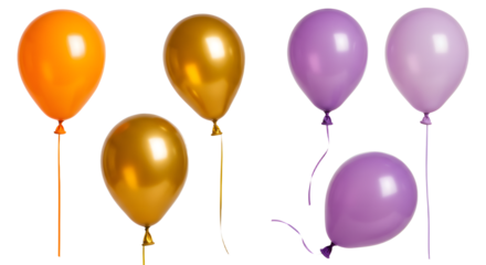 Colorful assortment of orange, gold, and purple balloons tied with ribbons, set against a plain background, ideal for celebrations