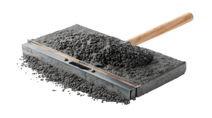 A close up of a trowel and a screed resting on a mound of wet concrete on a black background