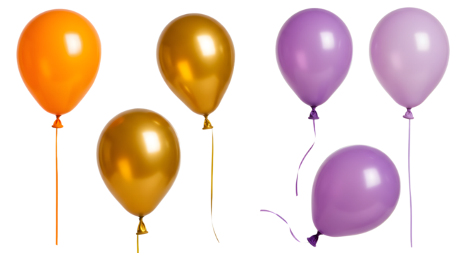 Colorful assortment of orange, gold, and purple balloons tied with ribbons, set against a plain background, ideal for celebrations