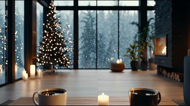 Cozy Scandinavian Christmas Living Room &ndash; Modern Tree, Falling Snow, Flickering Candles, Warm Holiday Atmosphere, Christmas Holiday Background