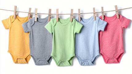 Colorful Baby Garments: A row of brightly colored baby onesies, clipped by wooden clothespins to a clothesline, presents a delightful and inviting image of childhood and care. 