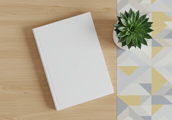 Blank book mockup with succulent plant and geometric background for editorial or advertising purposes