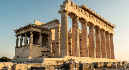 Naklejka premium Ancient Greek Acropolis: Timeless Ruins of Parthenon and Erechtheion Under a Clear Sky, Evoking History and Classical Grandeur in Athens
