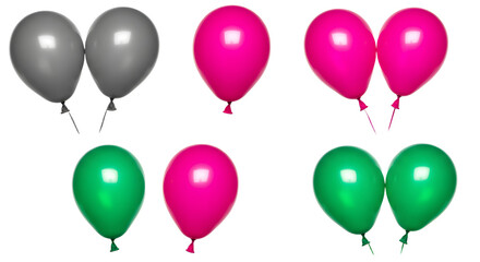 Colorful balloons in pairs, showcasing vibrant pink, green, and gray hues against a transparent background, ideal for festive designs