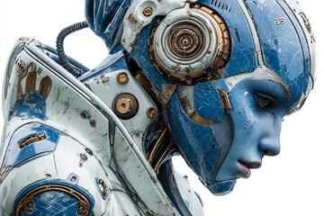 Detailed cyborg with feminine features stands against white backdrop. Sci-fi concept for marketing, web design, editorial.