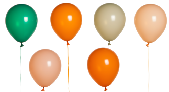 Colorful balloons in various shades of green, orange, and beige float against a transparent background, perfect for celebrations