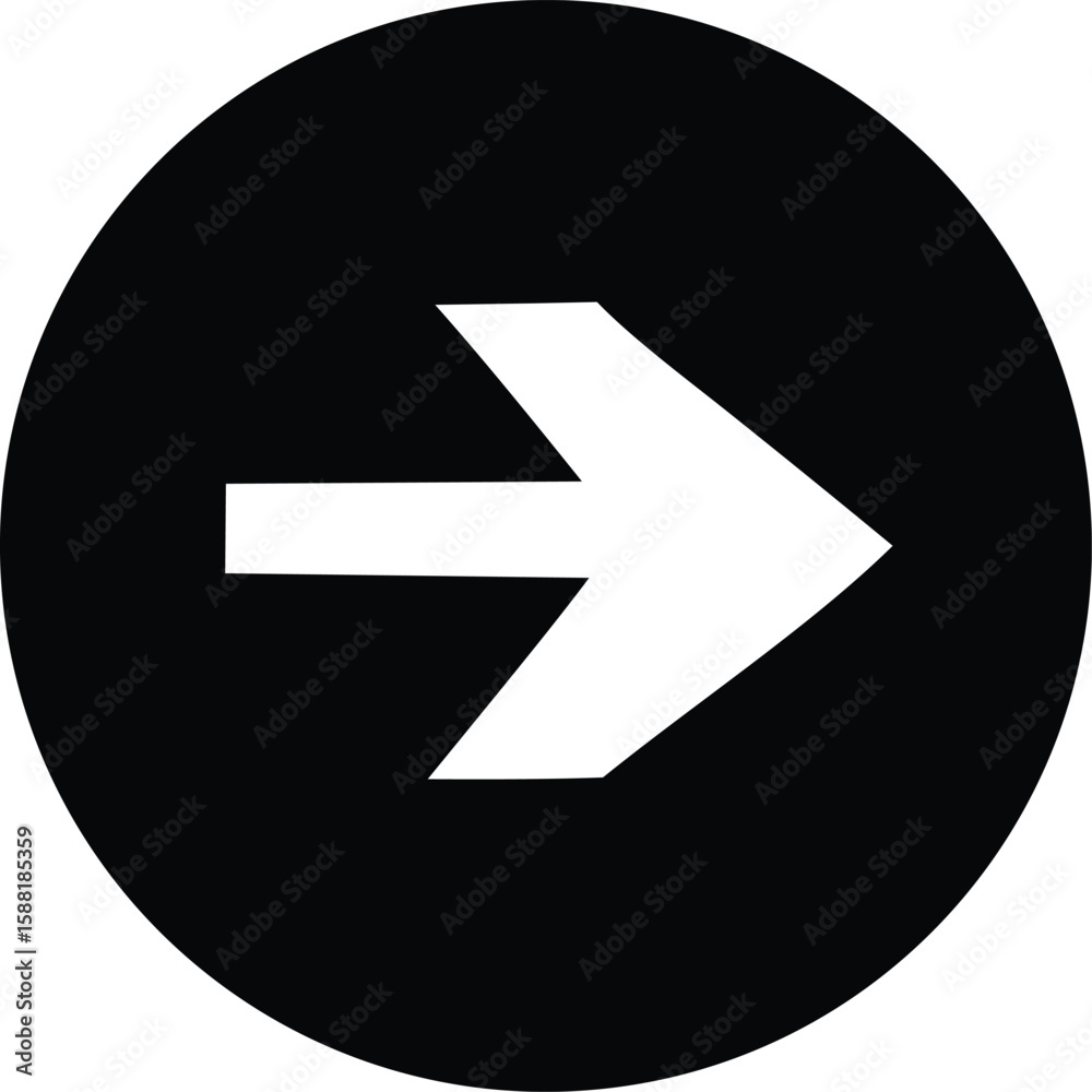 Poster a stark white right pointing arrow is prominently displayed against a solid deep black circular back