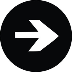 A stark white right pointing arrow is prominently displayed against a solid deep black circular background creating a bold and simple graphic