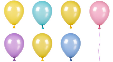 Colorful balloons in various shades of yellow, blue, pink, and purple, arranged artistically for festive celebrations