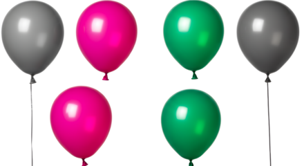 Colorful balloons in vibrant shades of pink, green, and gray, floating against a clean background, perfect for celebrations