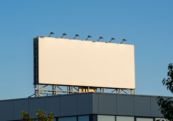 Blank advertisement billboard on building with clear blue sky for mockups