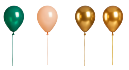 Colorful balloons in various shades of green, peach, and gold, arranged in a festive display against a plain background