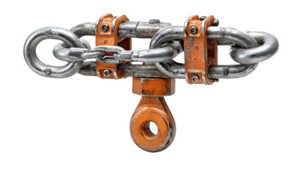 A close up shot of a silver chain with orange metal brackets and a hook on a black background