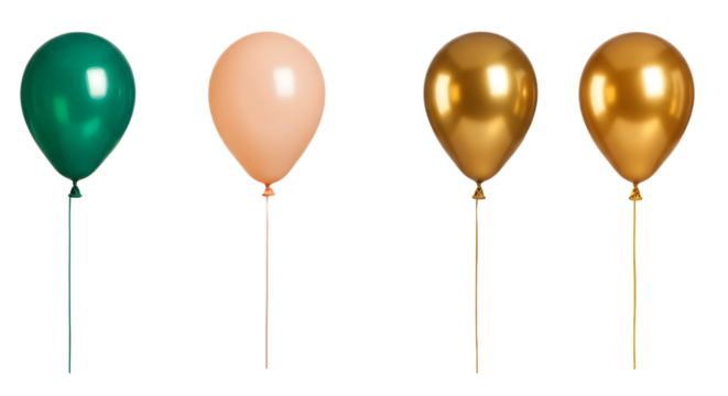 Colorful balloons in various shades of green, peach, and gold, arranged in a festive display against a plain background