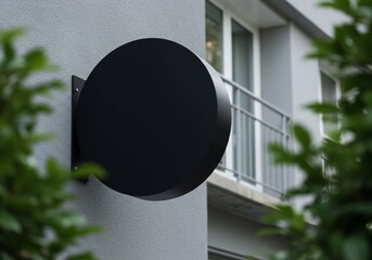 Black circular sign on building wall minimalist facade design mockup