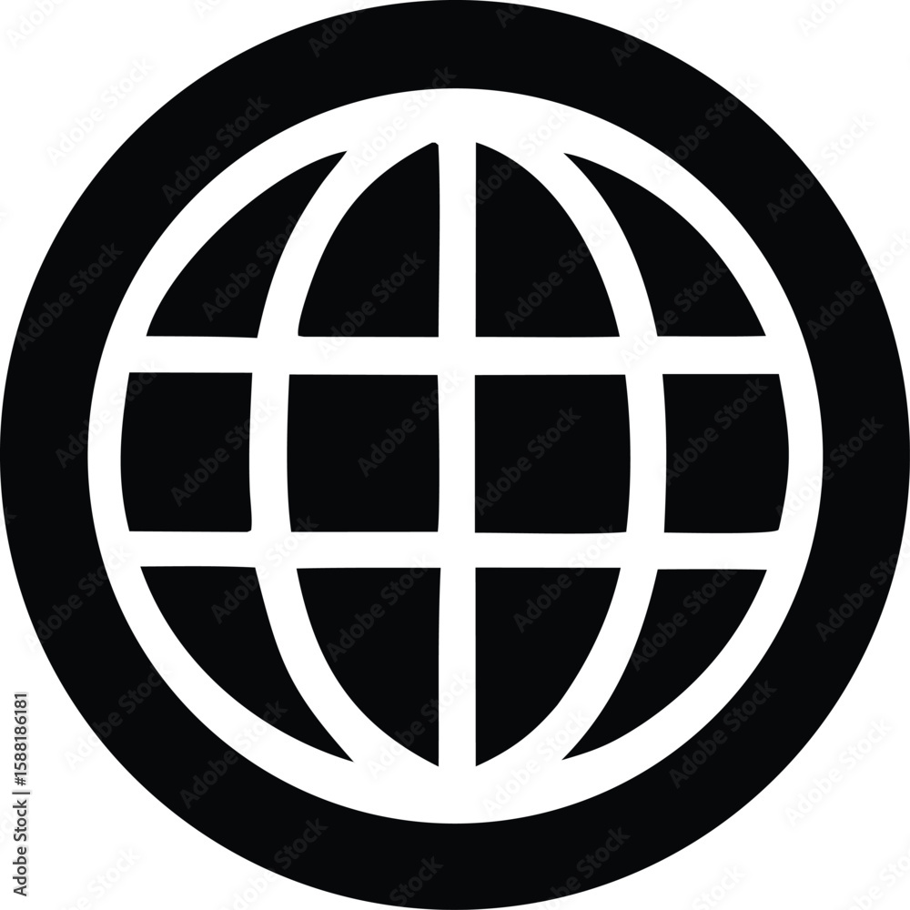 Poster a stark black and white graphic icon representing a stylized globe with intersecting lines forming a