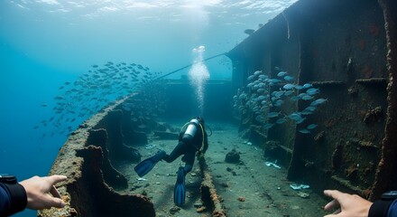 Diver Explores Sunken Shipwreck Reef Amidst Schools of Fish, an Underwater Adventure with Marine Life and Historical Depths