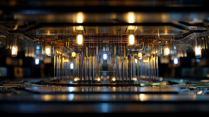 Advanced Technology Visualization: processor microchip starting artificial intelligence digitalization of neural networking and Cloud Computing. Digital lines move data, quantum computer interior