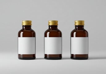 Amber glass bottles with golden lids and blank labels for product mockup