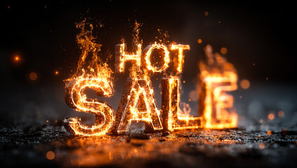Hot Sale in Flames: Fiery text announcing sales, for marketing use. Bold style, dark background.