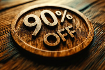 90% Off Sale: Carved wood sign displays major discount. Use for retail, marketing, advertising, promotions, design. Warm, rustic style.