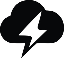 A striking black silhouette of a stylized cloud containing a sharp white lightning bolt symbolizing power and weather
