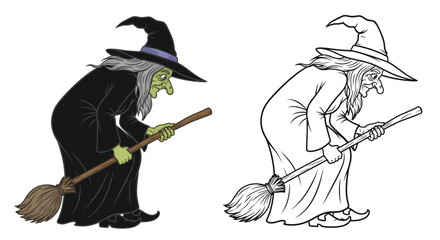 The Witch in the Woods Coloring Page with Colored and Outline Versions for Art Fun