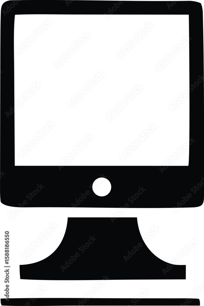 Poster a simple black and white icon representing a desktop computer monitor with a blank screen and a circ