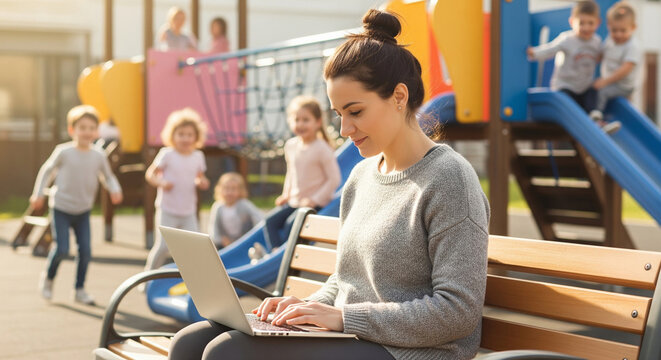 Woman working on laptop on playground. Concept of remote work and online education during maternity leave