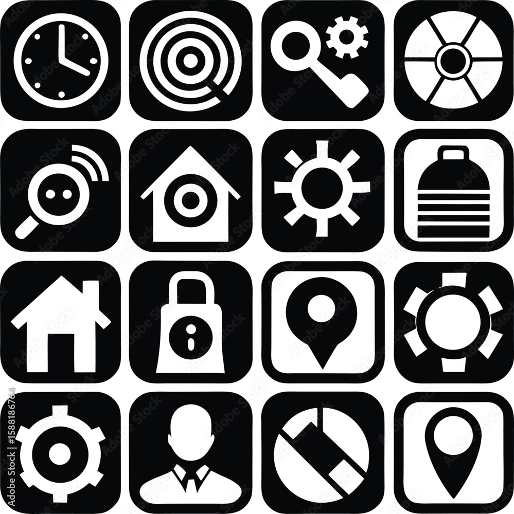 Poster a collection of black and white icons representing various functions and services for digital applic