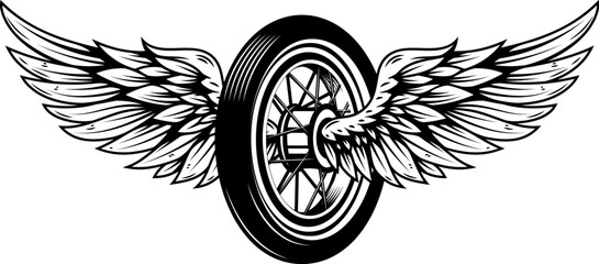Motorcycle wheel with wings isolated on white background. Design elements for logo, label, emblem,sign. Vector illustration