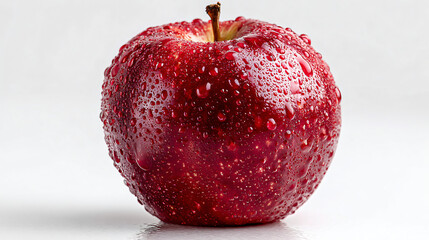 Red Apple with Water Droplets: A vibrant, red apple, glistening with fresh water droplets, sits center frame against a neutral background.  The image is clean, simple.