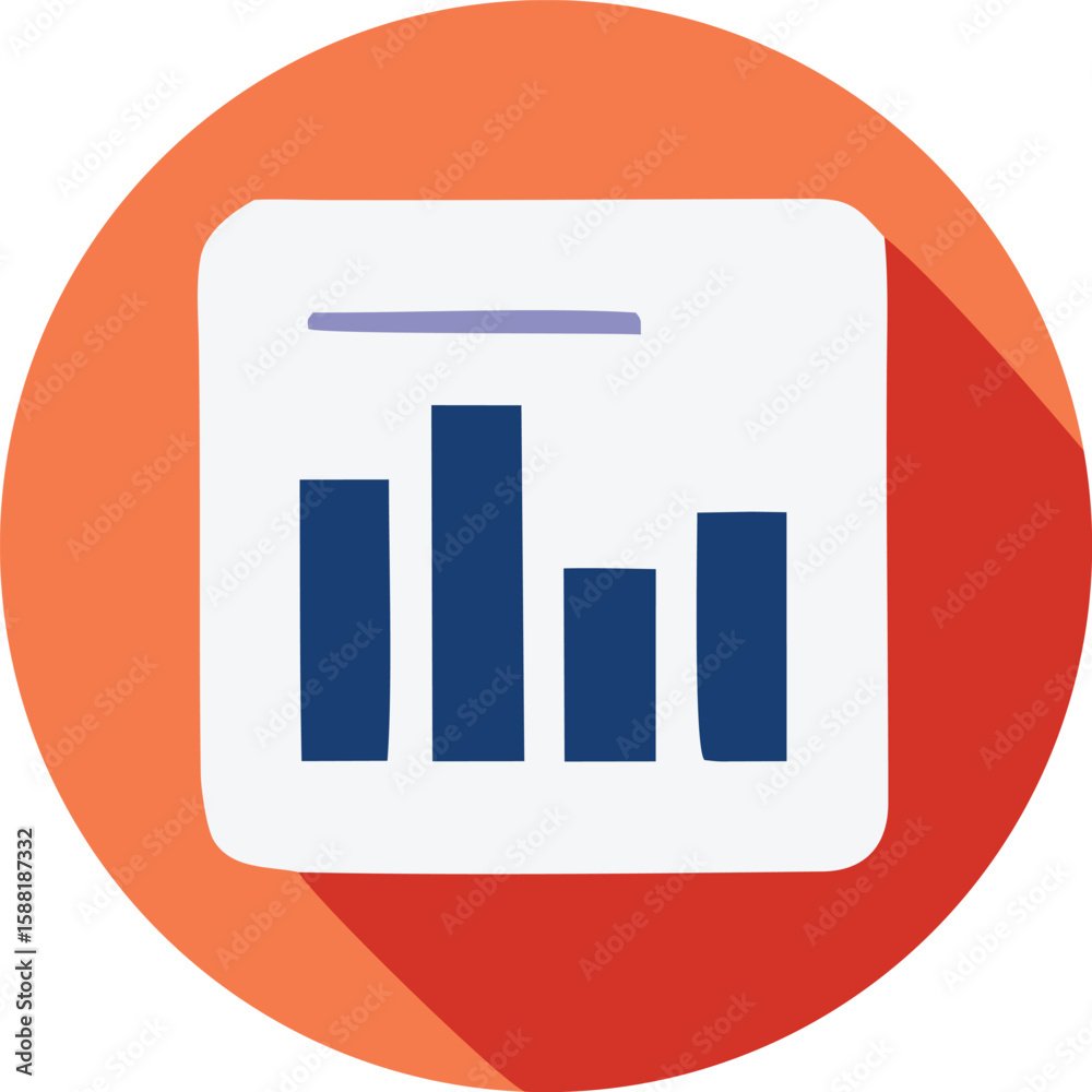 Poster stylized bar chart icon with a purple horizontal line above the bars set against an orange circular 