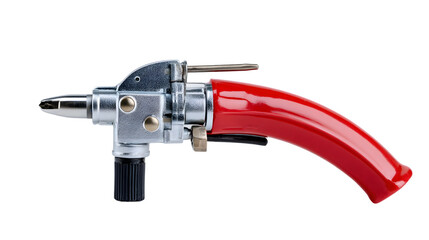 Close up of a metal and red handled tool with a black knob against a black background in studio lighting