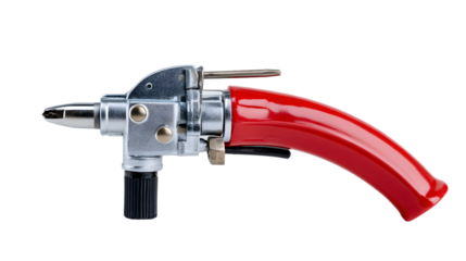 Close up of a metal and red handled tool with a black knob against a black background in studio lighting