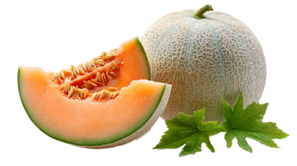 Fresh cantaloupe with a sliced piece revealing its juicy interior, surrounded by green leaves, ideal for summer recipes