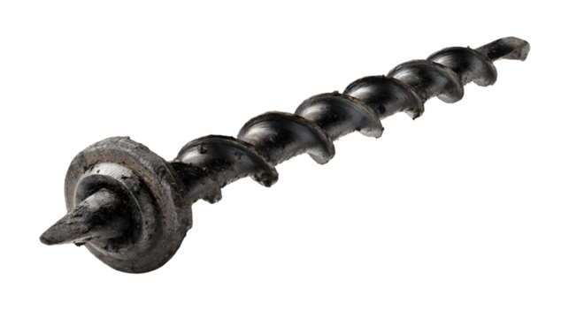 A close up view of a black metal auger bit with a spiral design against a black background