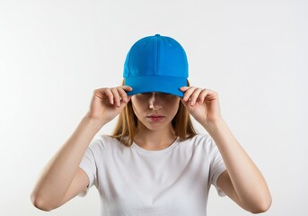 Woman adjusting a blue baseball cap in a studio setting casual fashion and youth lifestyle