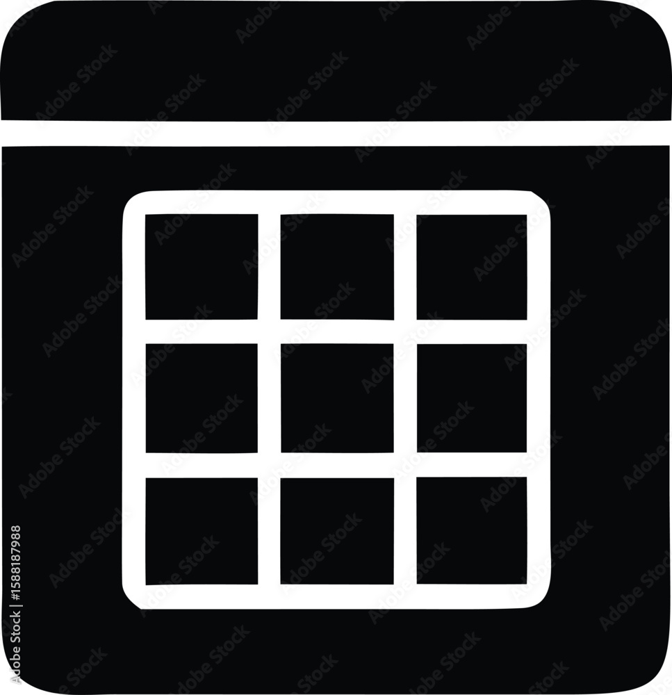 Poster a minimalist black and white icon representing a calendar grid with rounded corners and a top bar sy