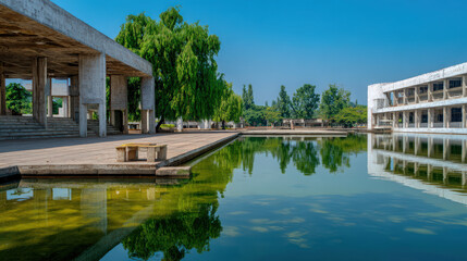 Obraz premium The elegant architecture and water reflections create a peaceful and scenic environment.