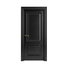 Black wooden door with golden handle isolated on transparent background