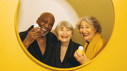 Inclusive Senior Skincare Three cheerful older adults enjoying a moment together with yellow backgrounds and wellness bottles.