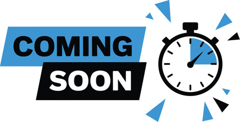 Coming soon text on blue and black banners with a timer and blue triangles