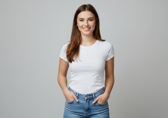 Young woman posing in studio with casual fashion apparel and calm expression