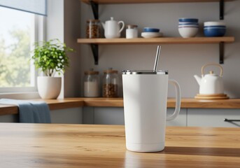 White tumbler with straw on wood countertop kitchen still life