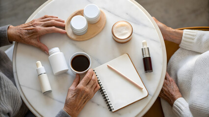 Inclusive Senior Skincare A cozy scene with two pairs of hands and skincare products on a marble table, complemented by a notebook and coffee.